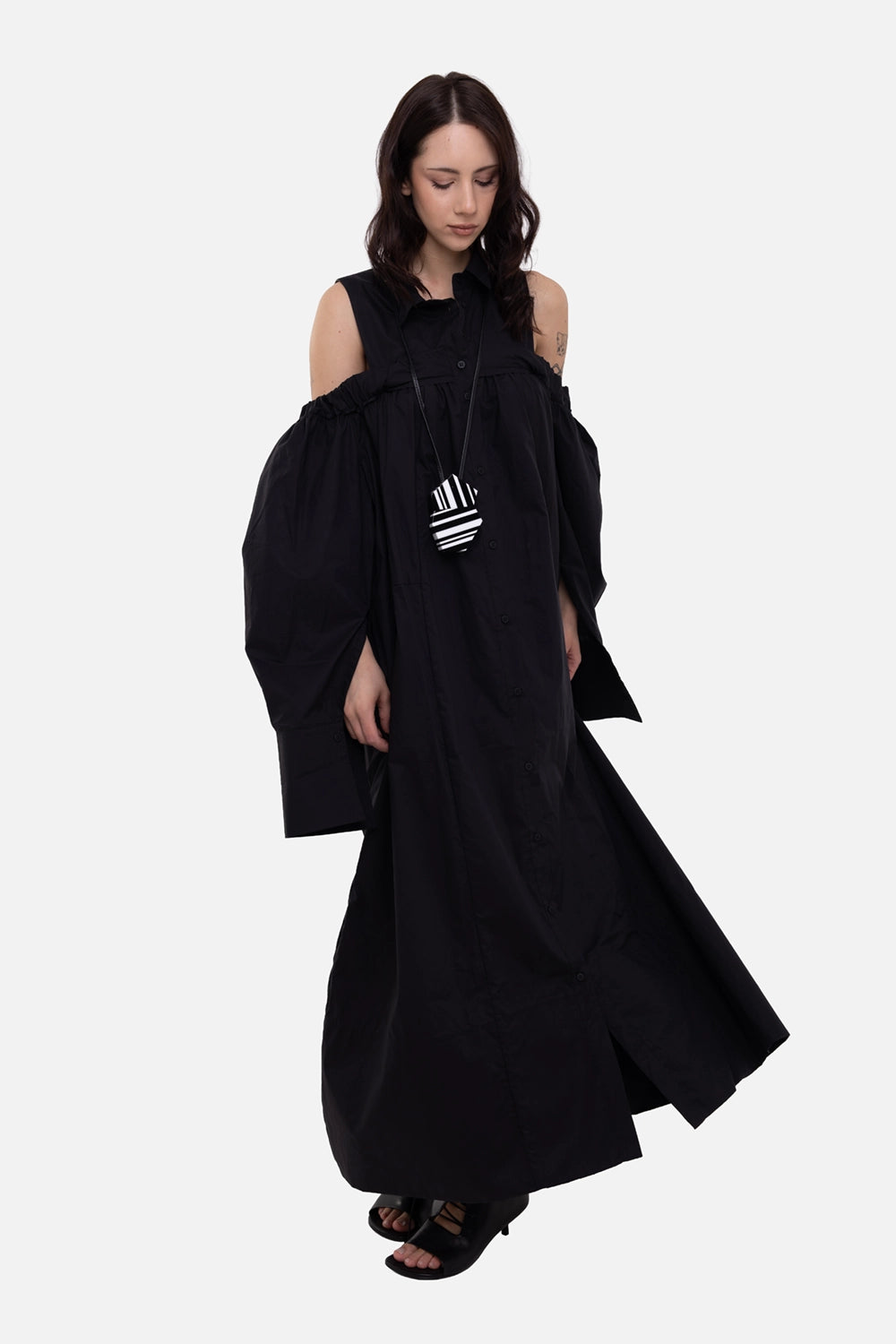 Giovanni Cavagna women's shirt dress in black, on-model full-length, cold-shoulder sleeves and button front