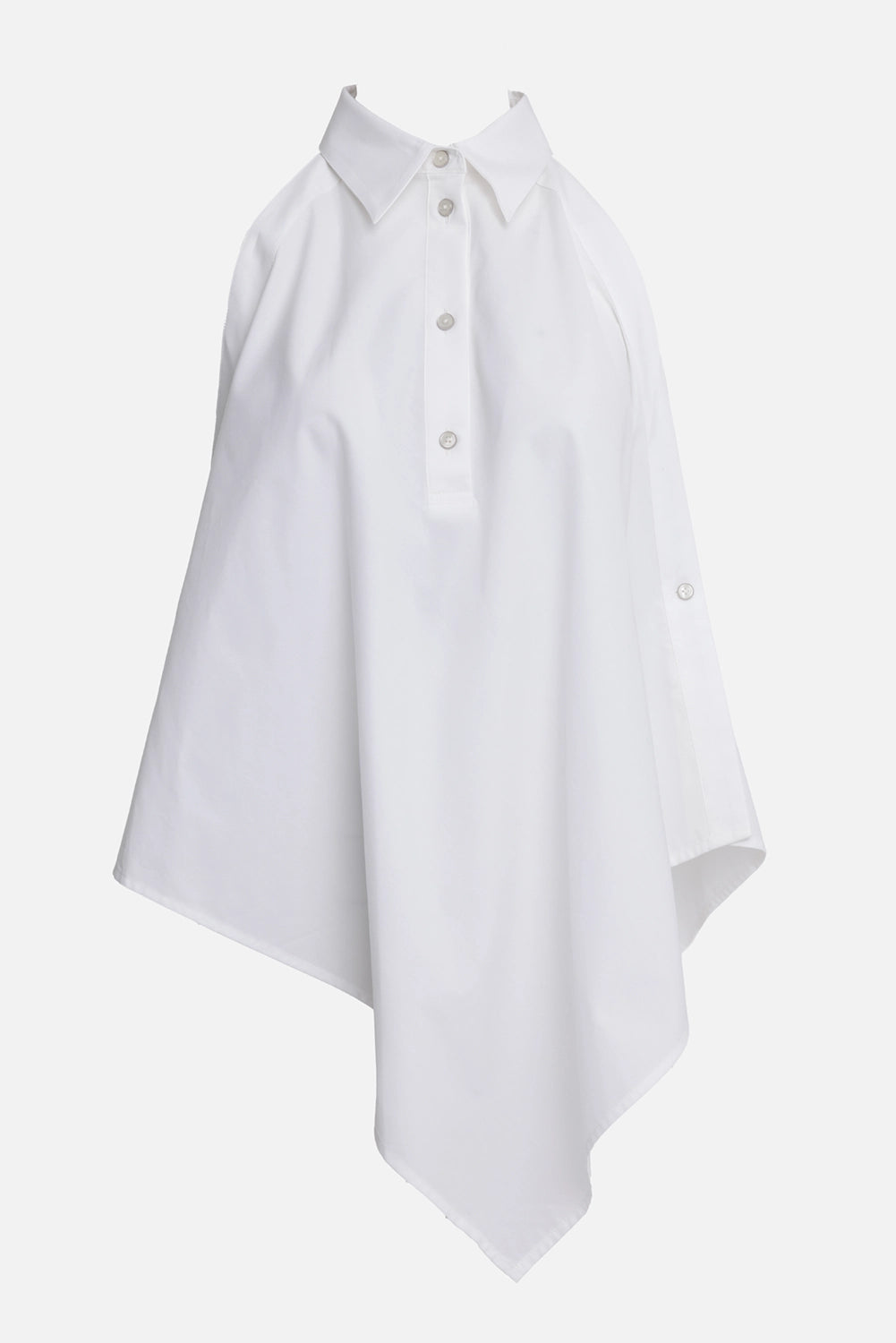 Helmut Lang women's white scarf top, front view with point collar, short button placket and triangular hem
