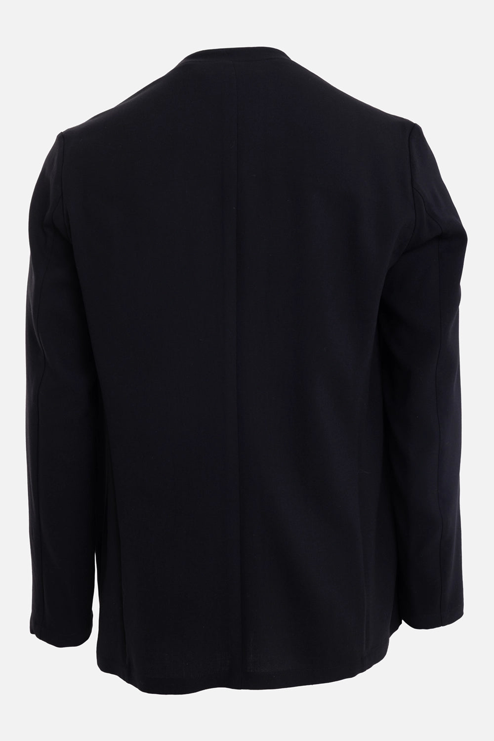 Attachment men's black collarless jacket, back view, smooth rear panel and straight hem