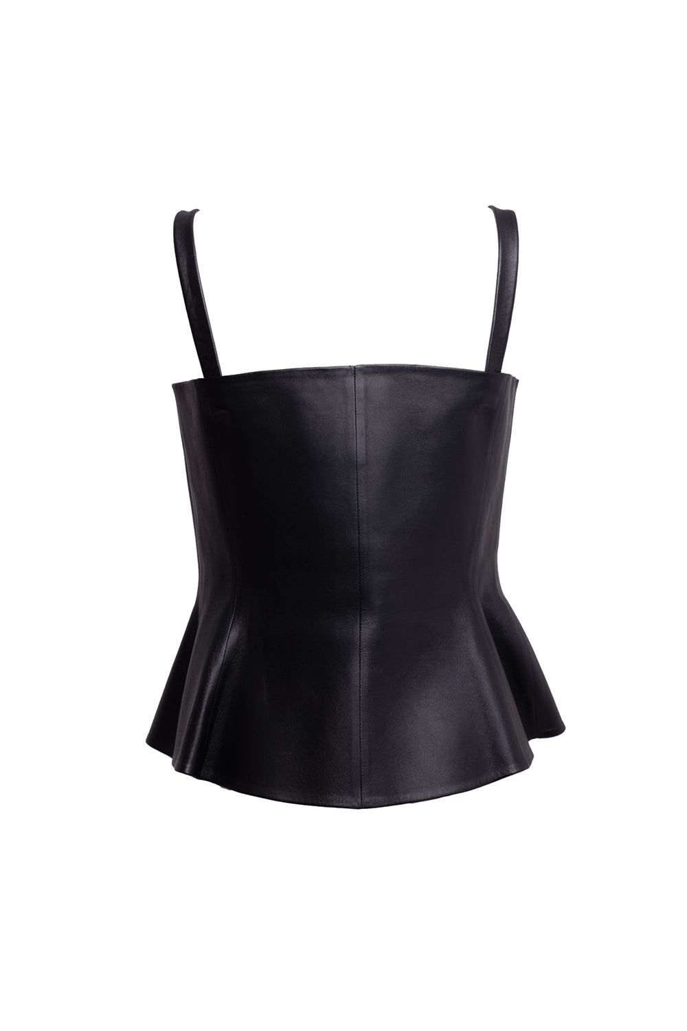 Pre-owned Christian Dior women’s corset top in black, back view, smooth leather with center back seam and flared hem