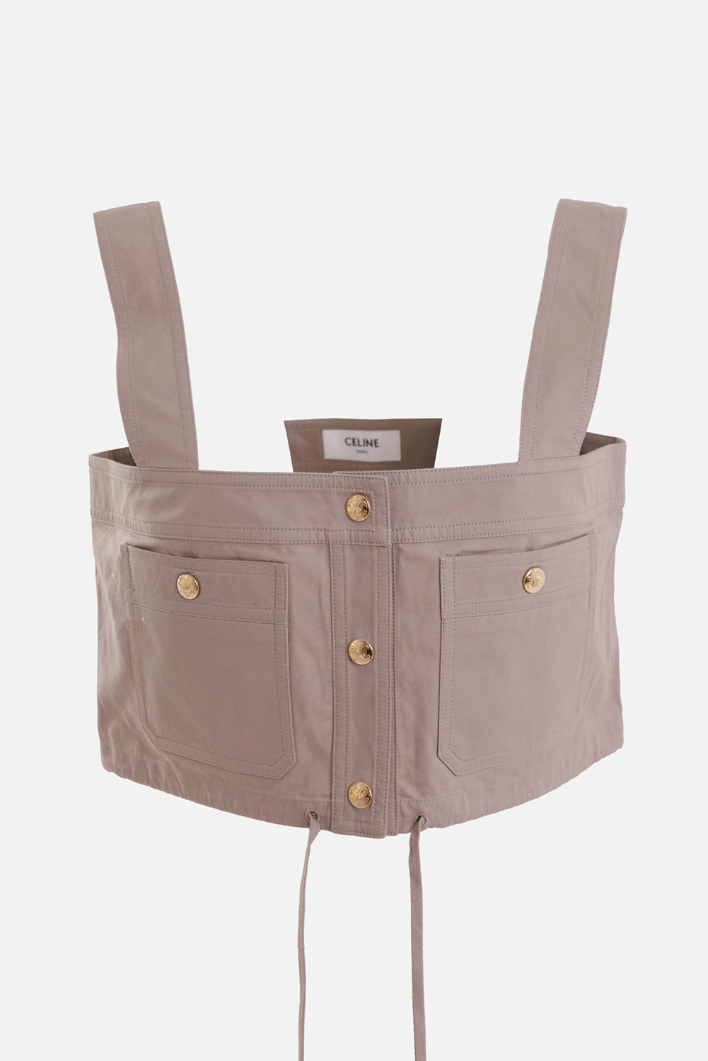 Celine women's cotton crop top in taupe, front view with gold-tone buttons and patch pockets