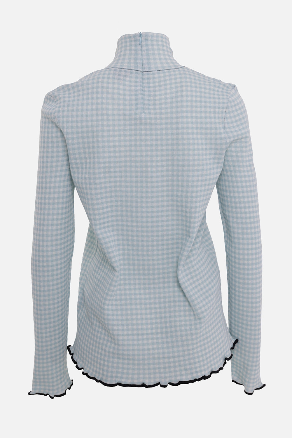 Bottega Veneta women's gingham top in celeste chalk, back view, rear zipper and black frilled hem