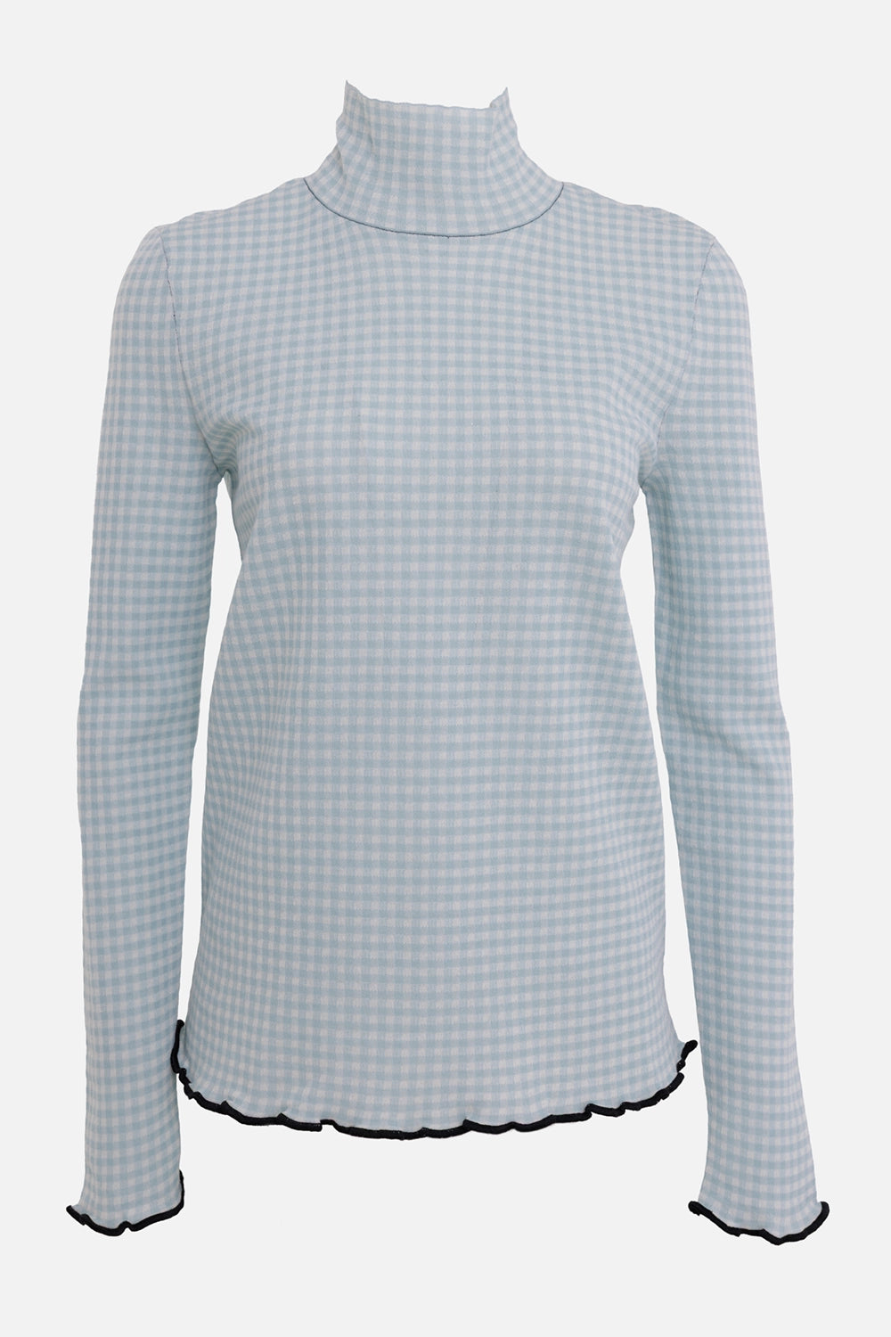 Bottega Veneta women's gingham top in celeste chalk, front view, high neck and black frilled hem