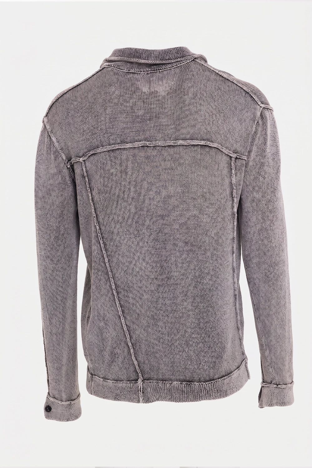 Masnada men's cotton knit jacket-cardigan in Black, back view with asymmetric raised seams and ribbed hem