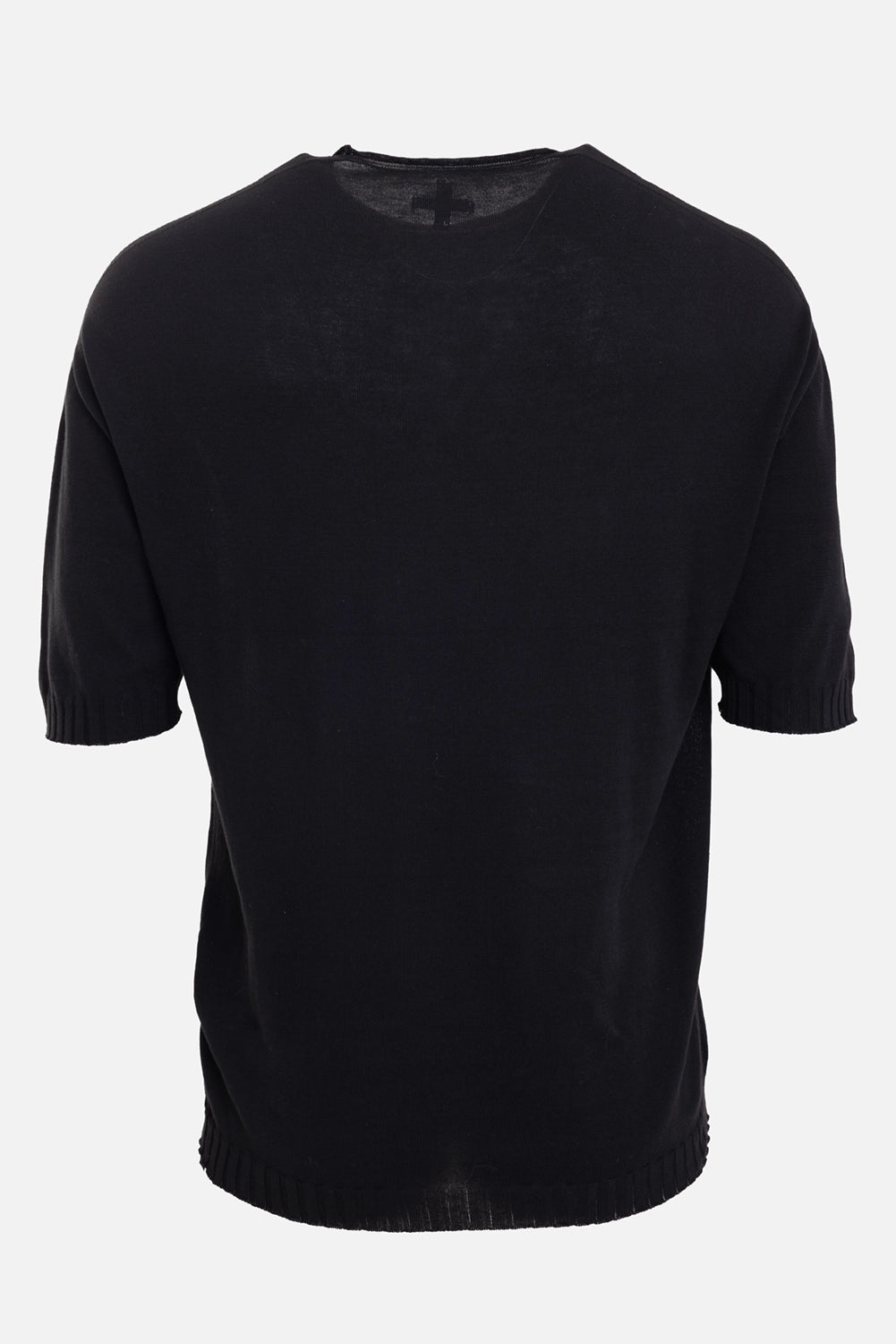 MD75 men's cotton knit T-shirt in black, back view, semi-sheer neck and ribbed hem