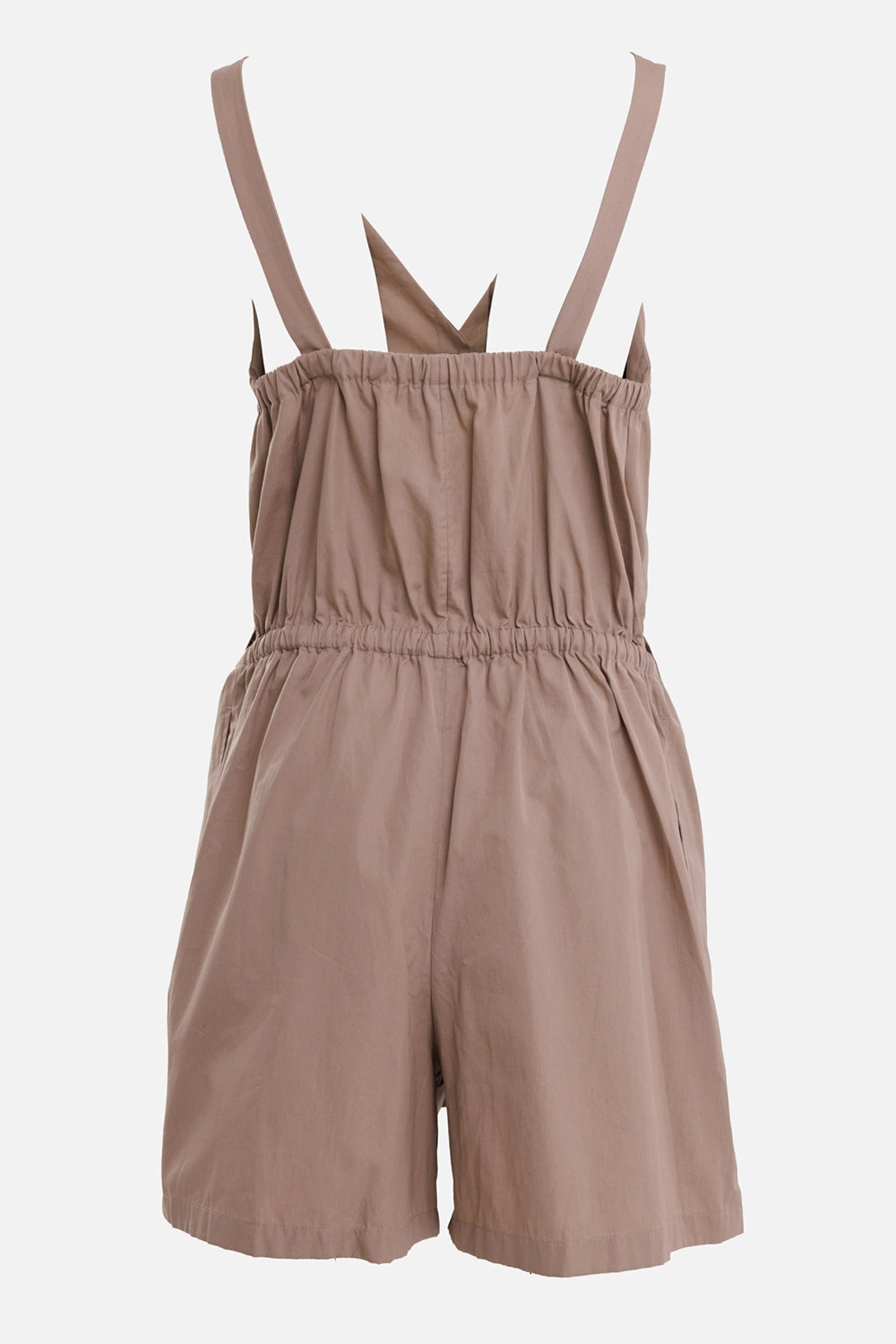Dries Van Noten women's cotton romper in taupe, back view with wide straps and gathered waist