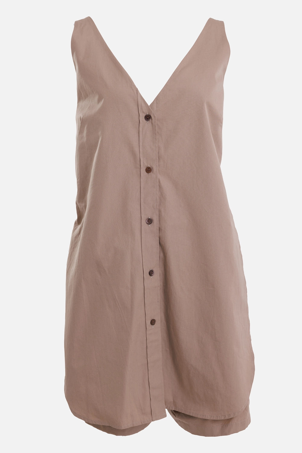 Dries Van Noten women's cotton romper in taupe, front view with V-neck and brown button placket