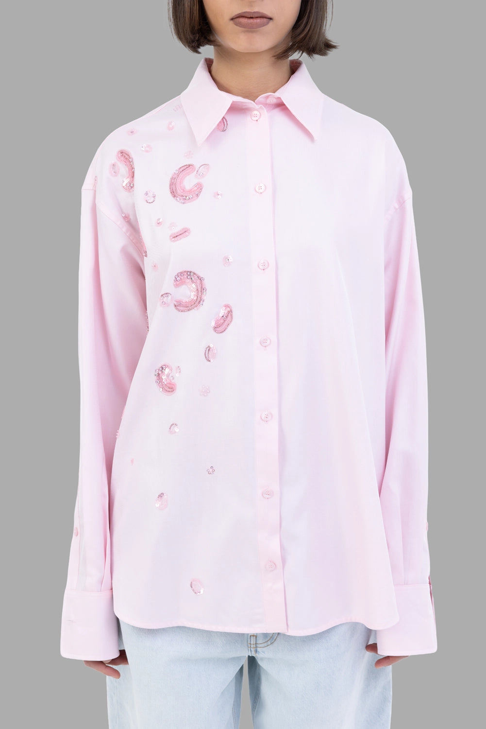 Des Phemmes women's cotton shirt in Quartz RO, front view, scattered pink crystals and tonal buttons.