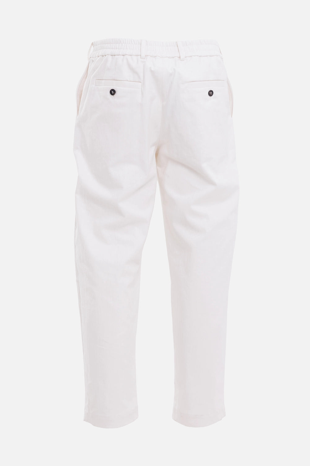 Aion men's trousers in ecru, back view, elasticated waist and buttoned welt pockets