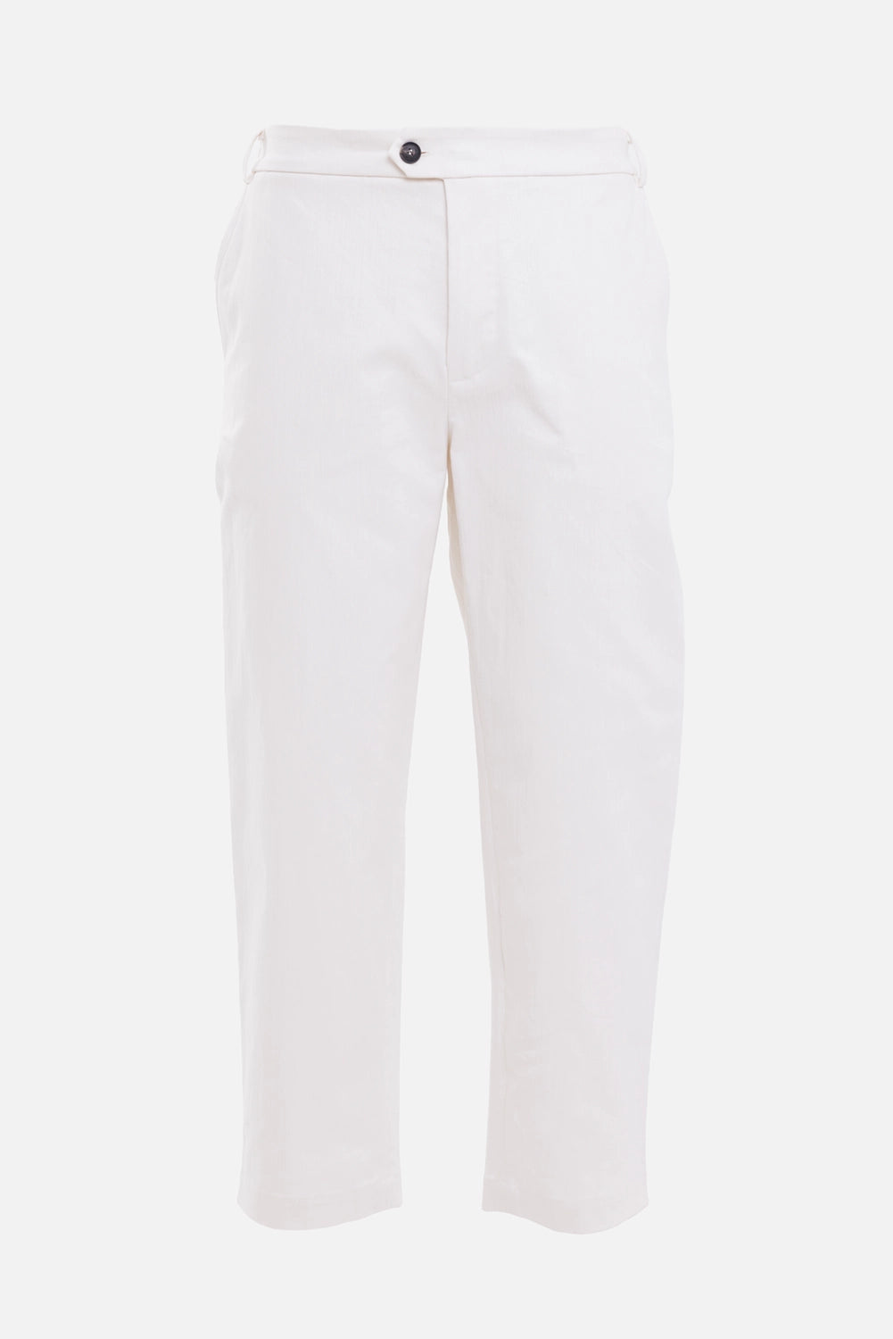 Aion men's trousers in ecru, front view, black top button and clean side pockets