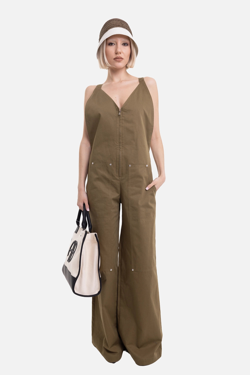 MSGM women's cotton jumpsuit in khaki, on-model full-length with wide legs and front zip