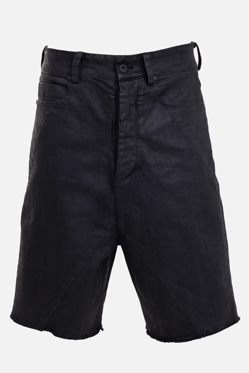 MD75 men's Cracked Coated Denim Shorts in Black Leather, front view with curved pockets and raw hem