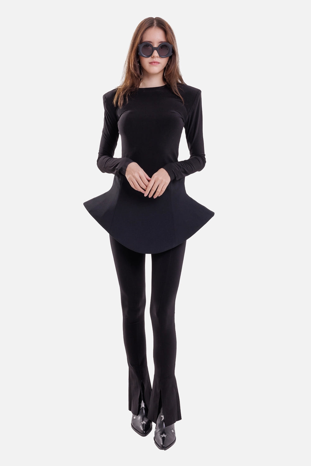 A.W.A.K.E. MODE women's black crepe basque, on-model view with a sculpted flared waist