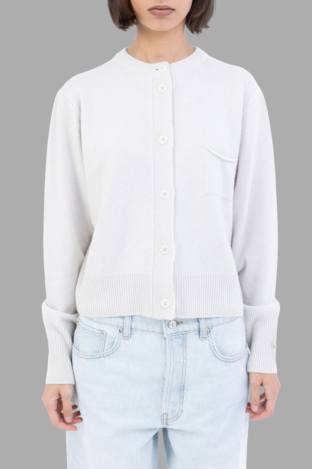 Gentry Portofino women crew-neck cardigan in Stucco, on-model full length, chest pocket, ribbed hem