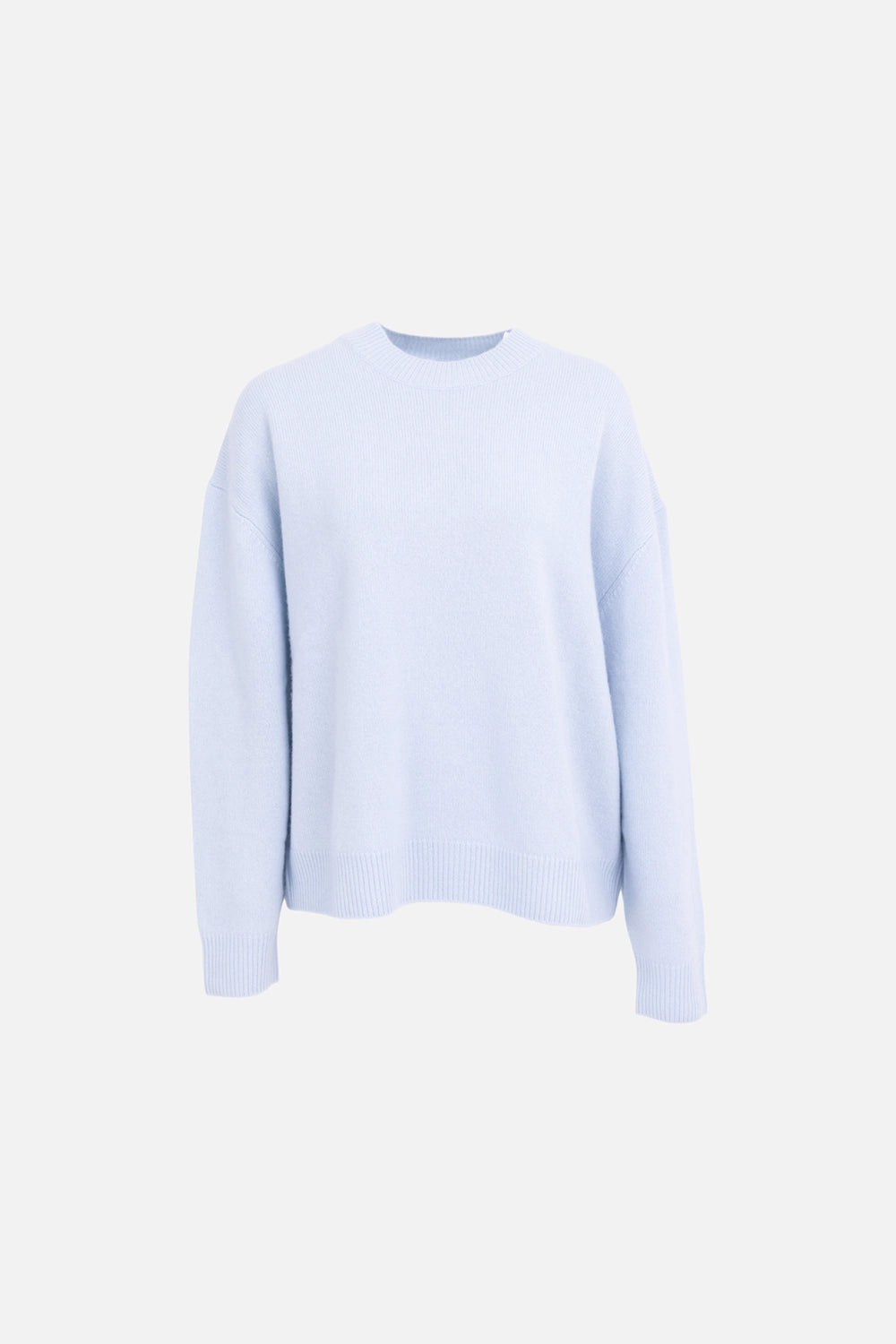 ANINE BING womens crew sweater in pale blue, front view, ribbed crewneck with dropped shoulders