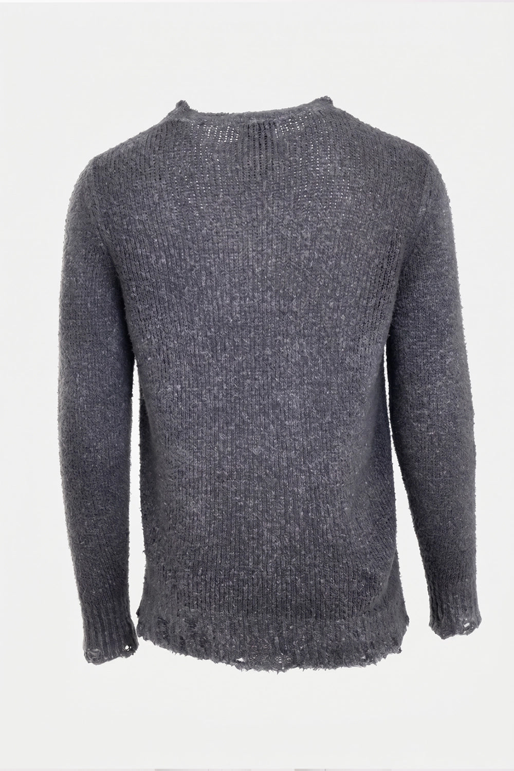 Avant Toi men's cotton-blend sweater in grey, back view, open knit texture and distressed edges