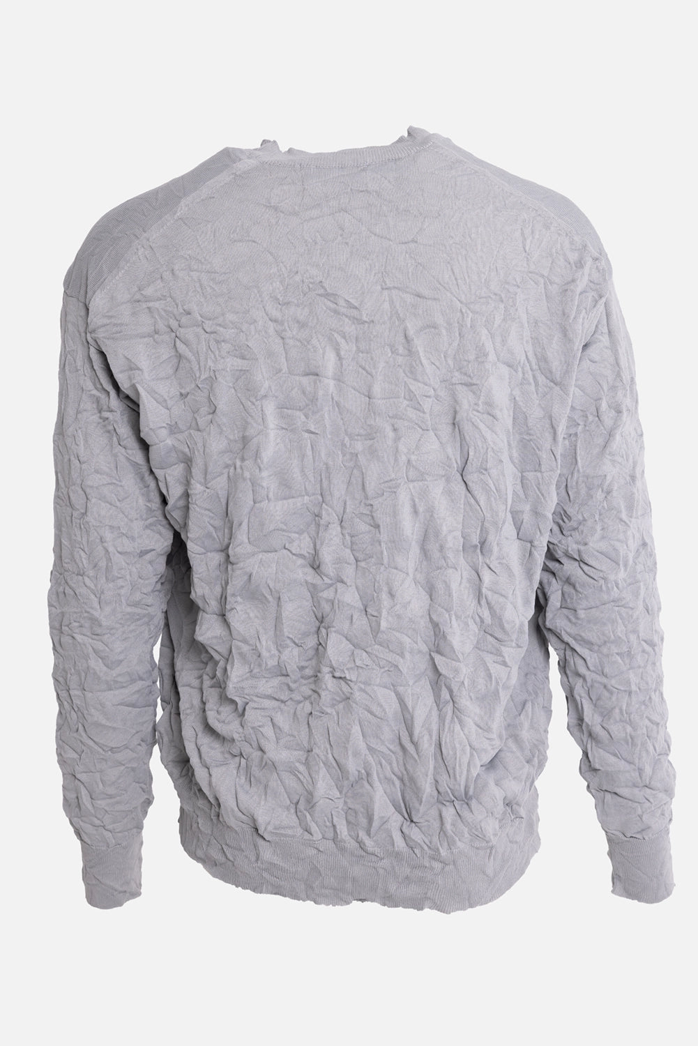 Comme des Garçons Homme men's crewneck sweater in grey, back view, raglan seams and crinkled fabric