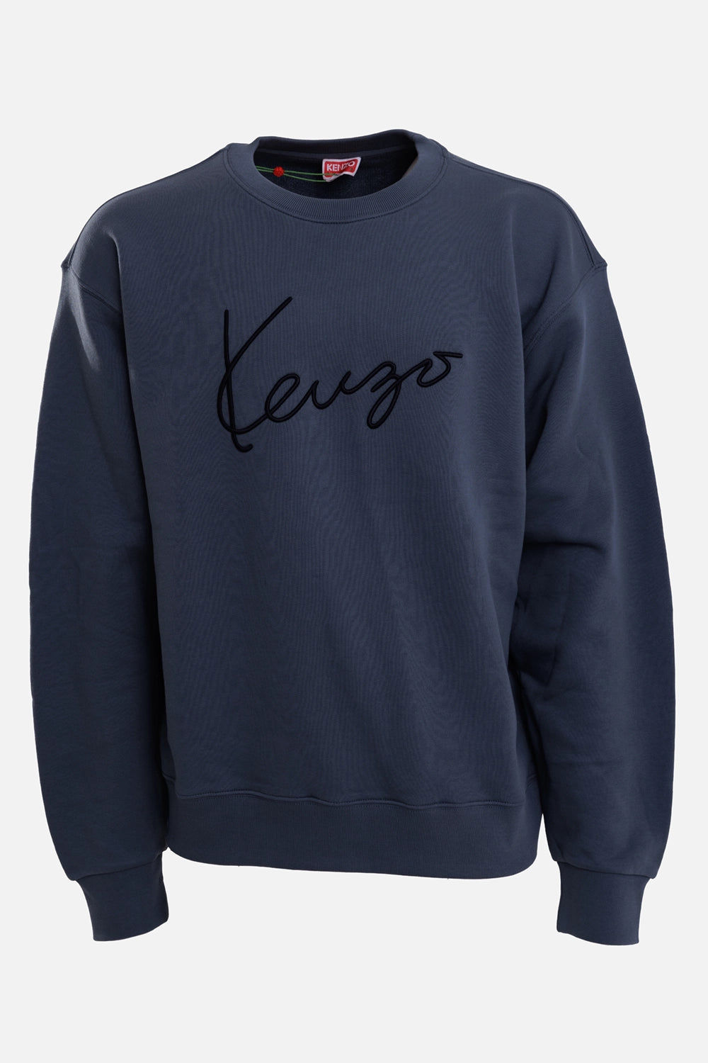 KENZO men's anthracite crewneck sweatshirt, front view with dropped shoulders and black script embroidery