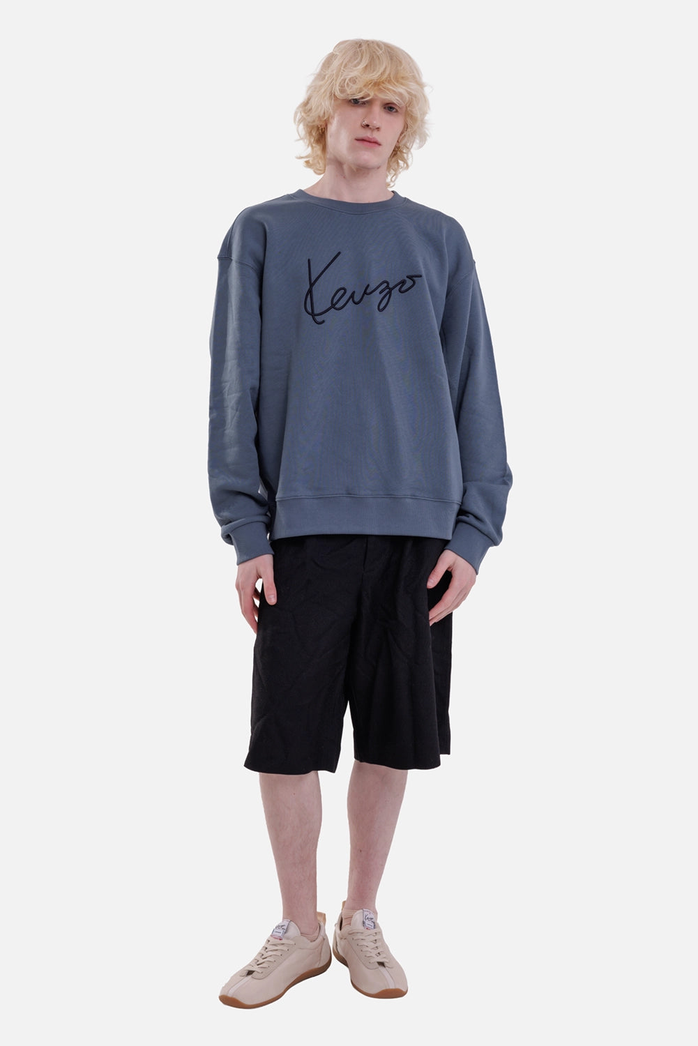 KENZO men's anthracite crewneck sweatshirt, full-length view with black signature embroidery and ribbed trims