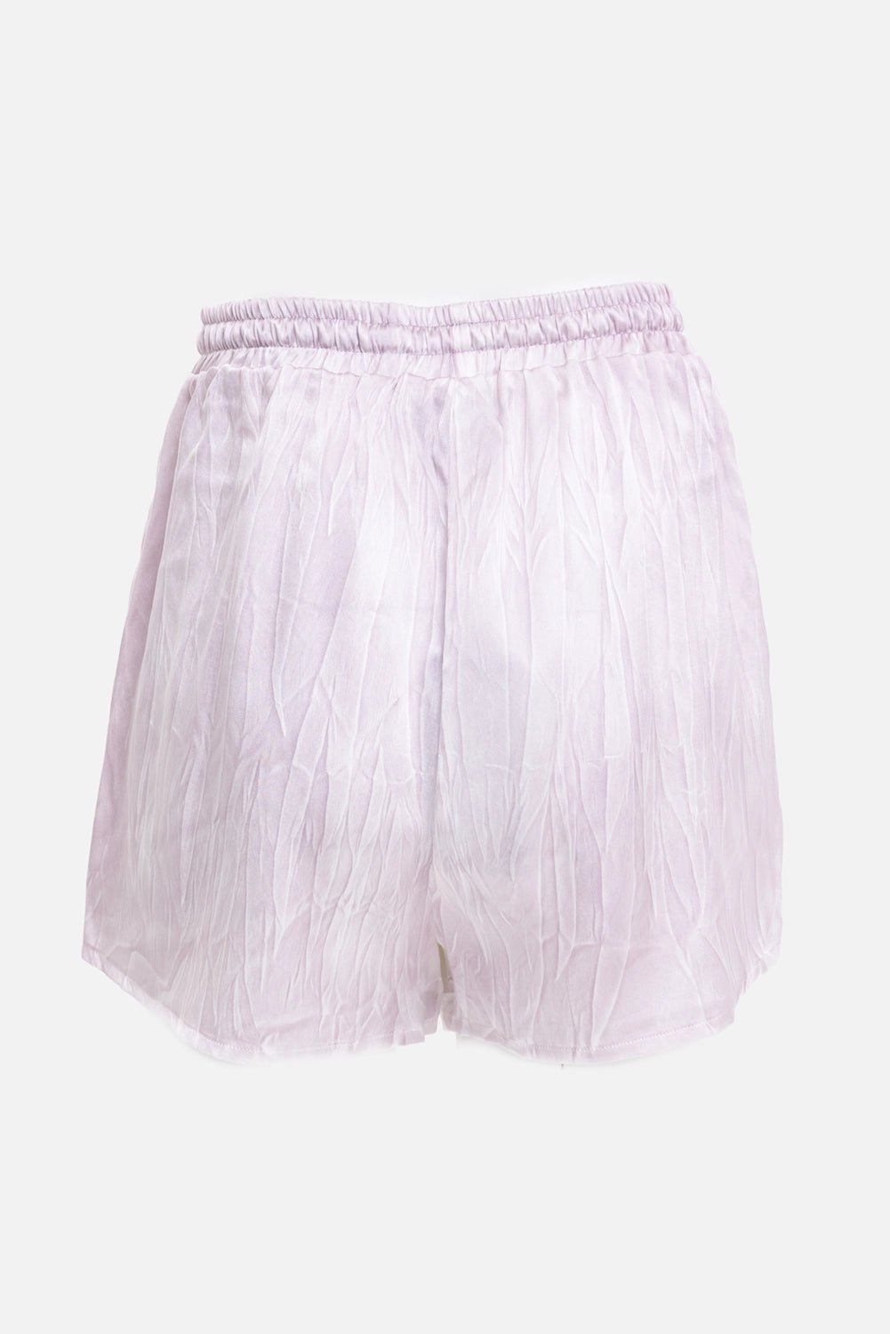 Tom Ford women's silk satin shorts in Wisteria, front view, gathered waist and softly curved hems