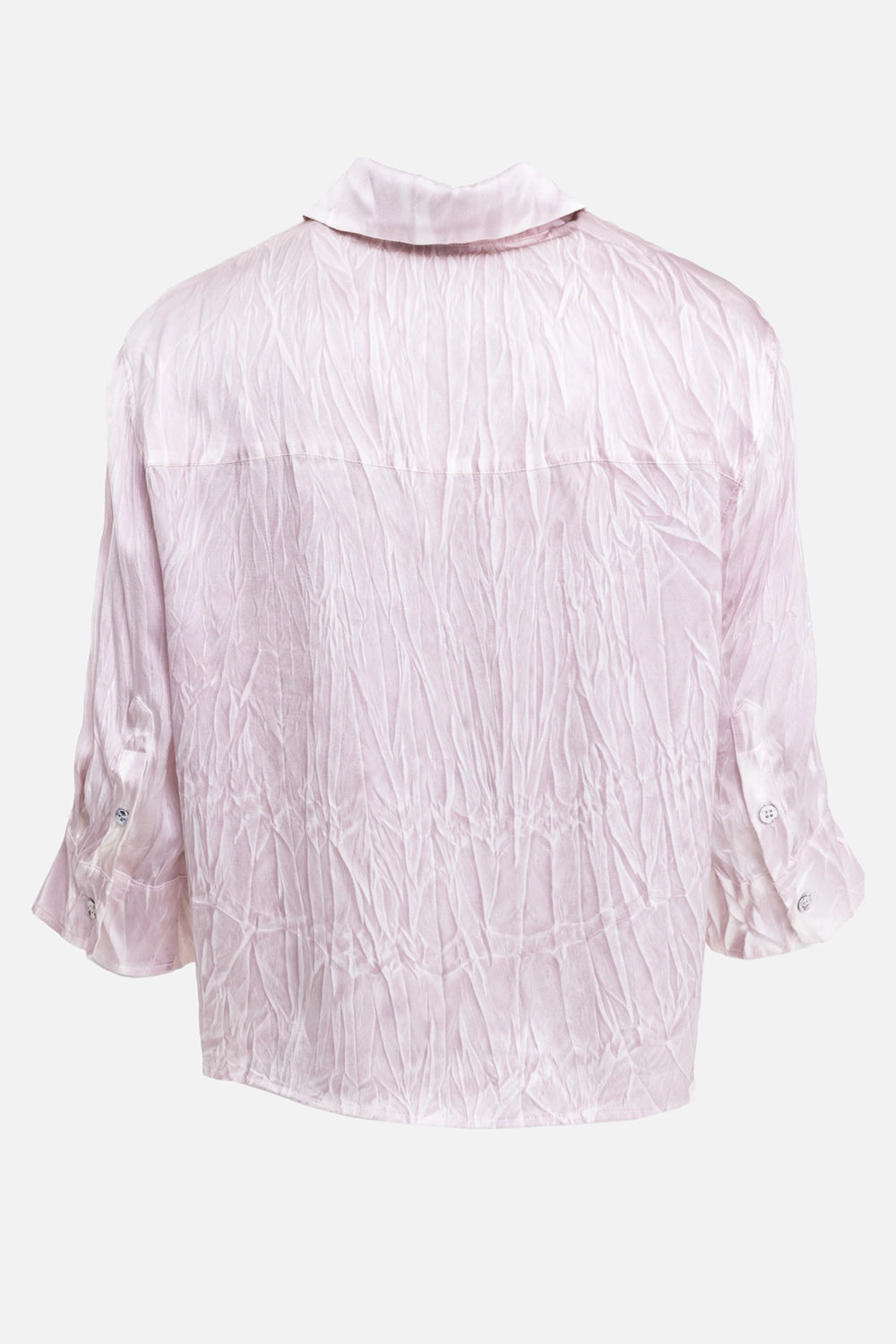 Avant Toi women's silk shirt in light pink, back view with crinkled yoke seam and buttoned cuffs