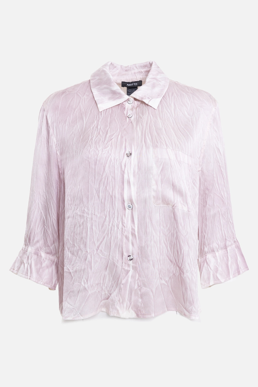 Avant Toi women's silk shirt in light pink, front view with crinkled finish and chest patch pocket