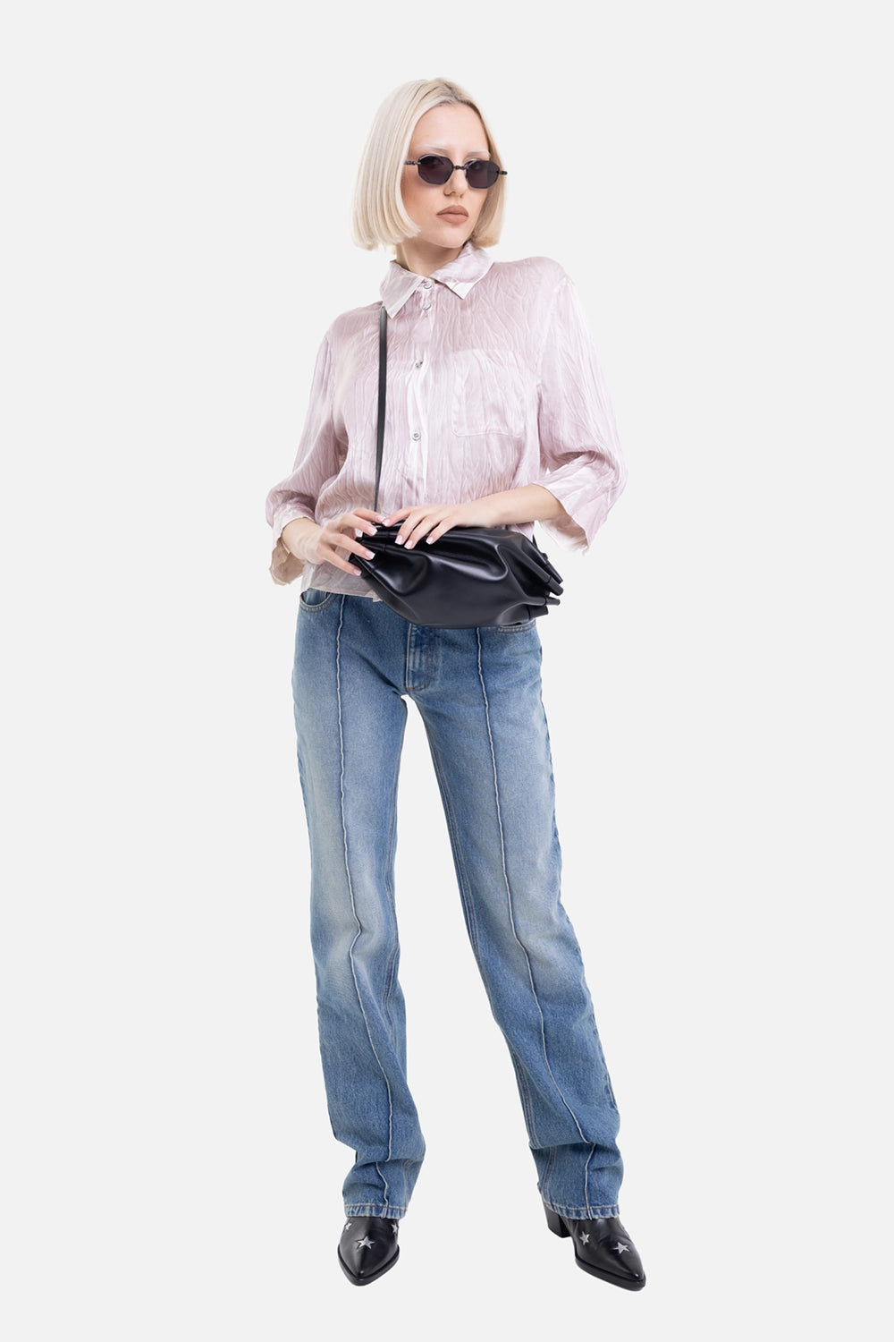 Avant Toi women's silk shirt in light pink, on-model full-length with button front and cropped hem