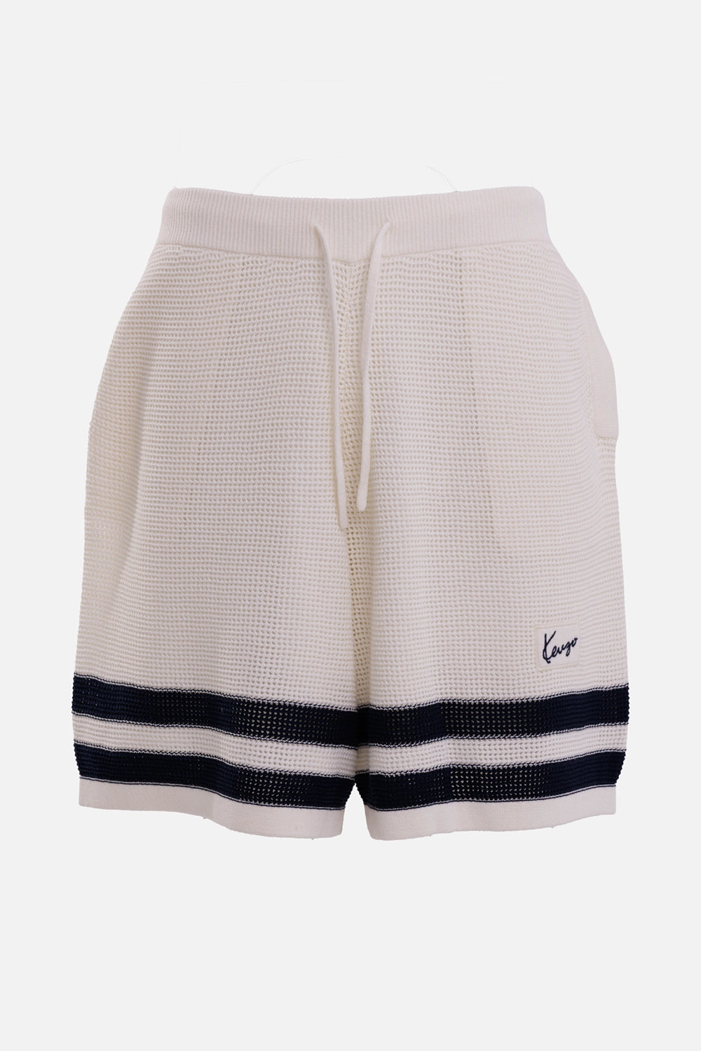 KENZO men's crochet shorts in Off White, front view with drawstring waist, navy stripes and logo patch