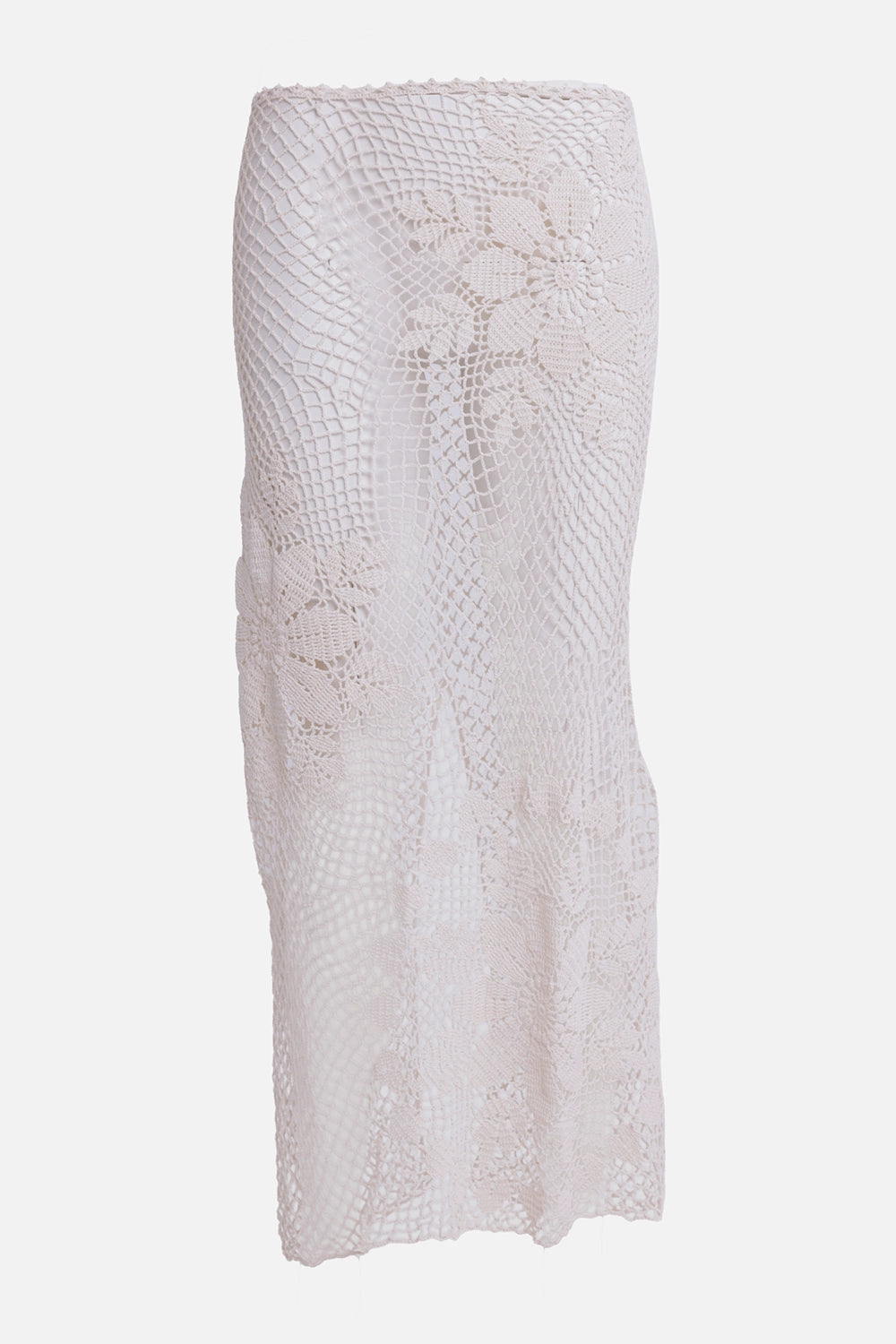 Magda Butrym women's skirt in cream, front view, open floral crochet with scalloped hem