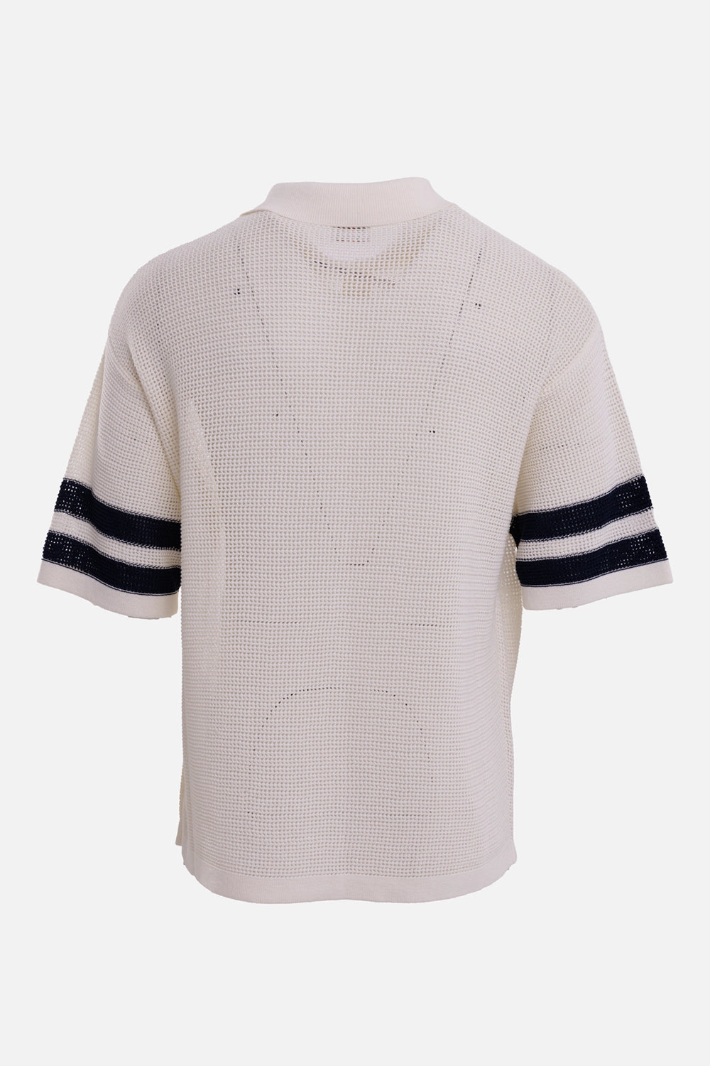 KENZO men's crochet polo in Off White, back view with open mesh knit, drop shoulders and striped sleeves