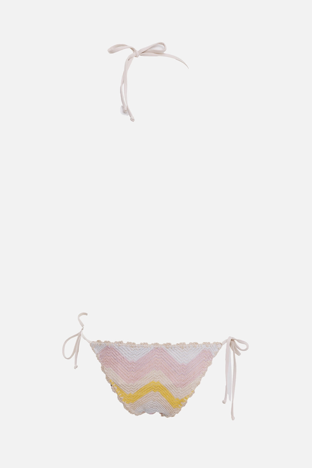 Anjuna women's triangle bikini in multirose, back view, tie straps, scalloped crochet trim and side-tie bottom