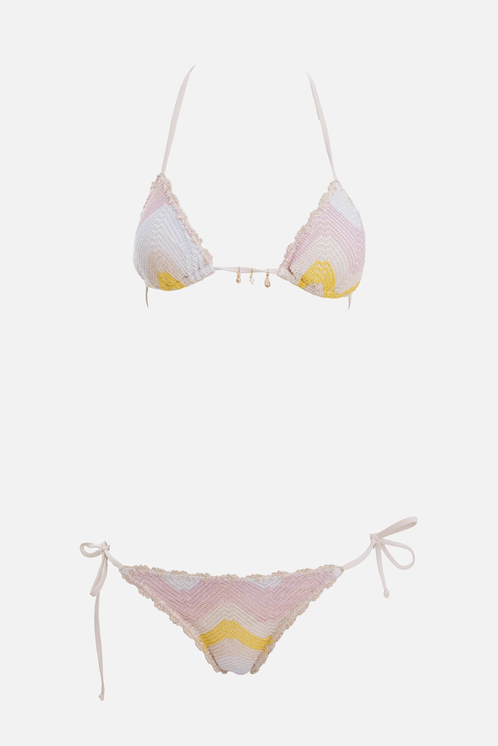 Anjuna women's triangle bikini in multirose, front view, crochet chevrons, gold charms and scalloped trim