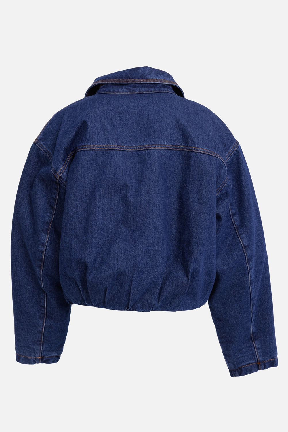 MSGM women's denim bomber jacket in dark blue, back view with dropped shoulders and contrast stitching