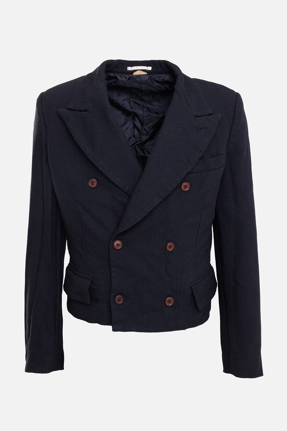 Comme des Garçons men's blazer in black, front view, peak lapels, textured cloth and flap pockets