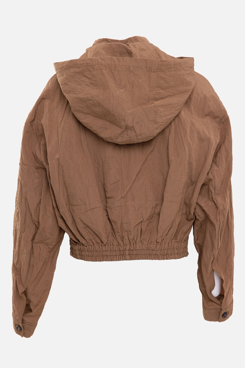 Masnada women's hooded jacket in copper, back view, gathered elastic hem and crinkled hood