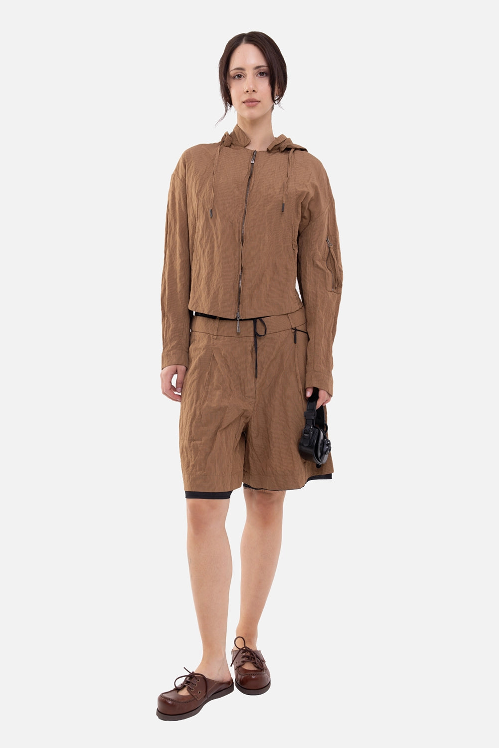 Masnada women's hooded jacket in copper, on-model full-length, cropped zip front and matching shorts