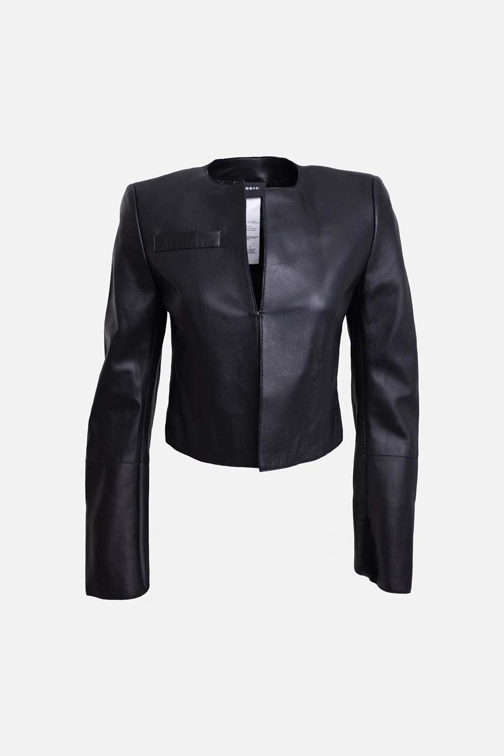 Pre-owned Akris women's cropped leather jacket in black, front view, collarless neckline and chest welt pocket