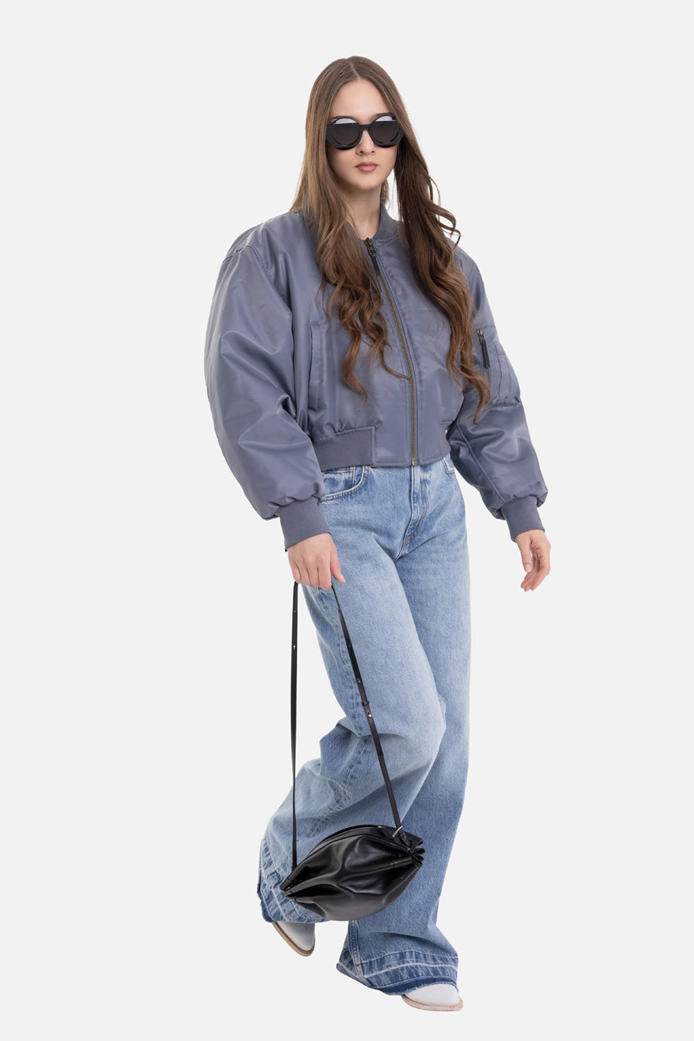 ANINE BING women’s cropped bomber in dark grey, mannequin front view, ribbed collar and sleeve pocket