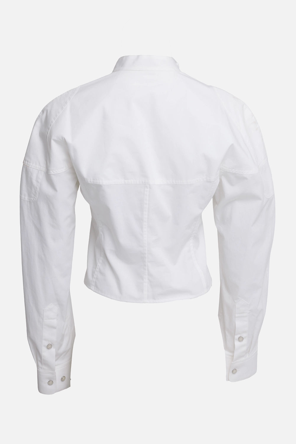Helmut Lang women's white poplin shirt, back view with shaped waist, shoulder yoke and buttoned cuffs