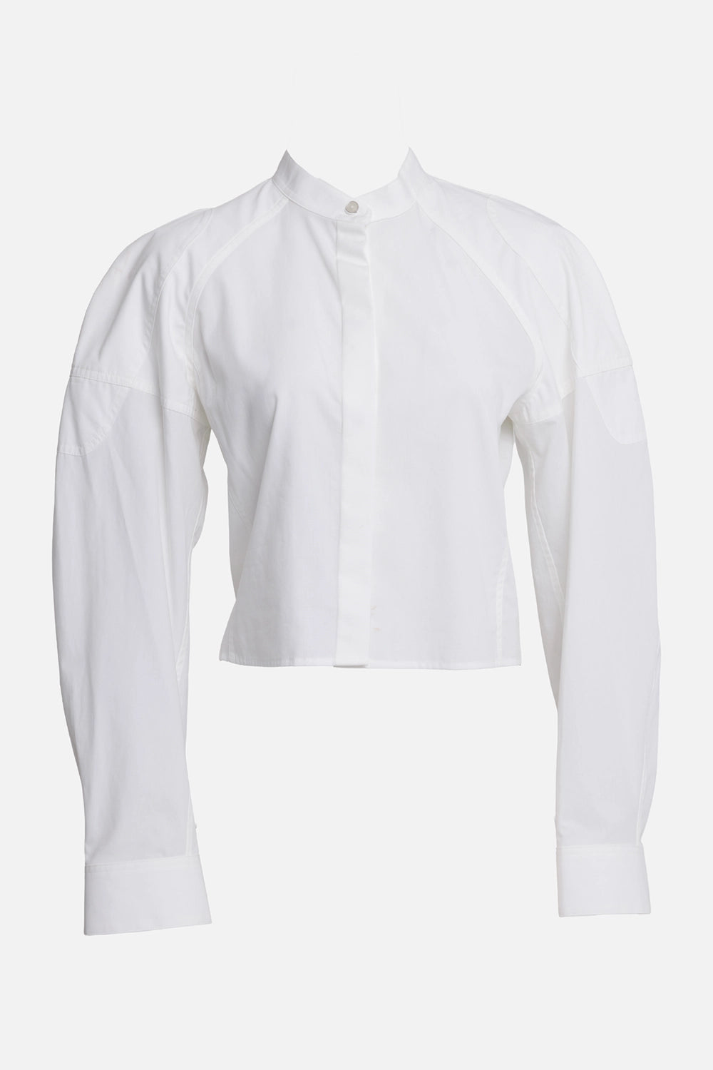 Helmut Lang women's white poplin shirt, front view with band collar, concealed buttons and curved sleeve seams