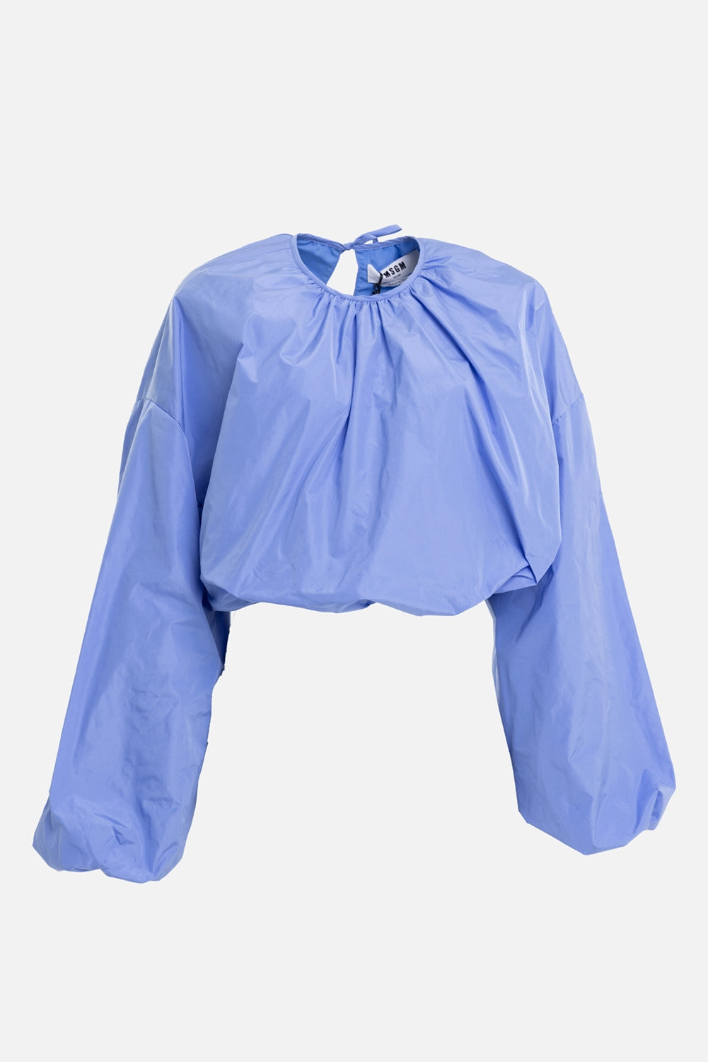 MSGM women's cropped taffeta blouse in Light Blue, front view, gathered neckline and voluminous sleeves
