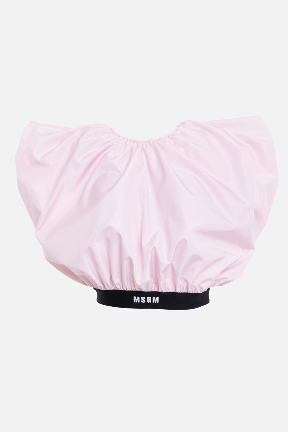 MSGM women's cropped taffeta blouse in Pink, front view, black logo hem and gathered balloon shape