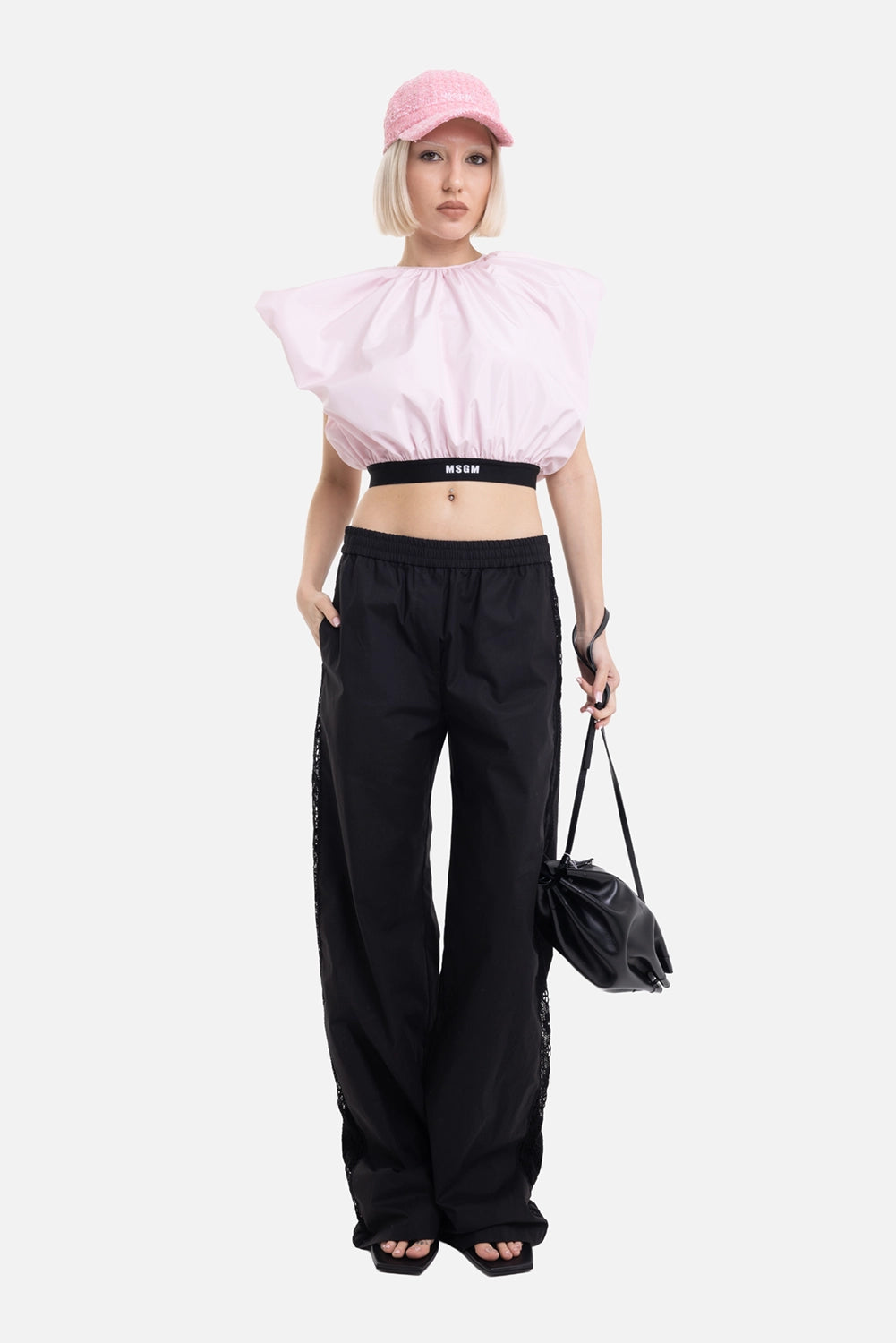 MSGM women's cropped taffeta blouse in Pink, on-model full-length view, puffed body and black logo band