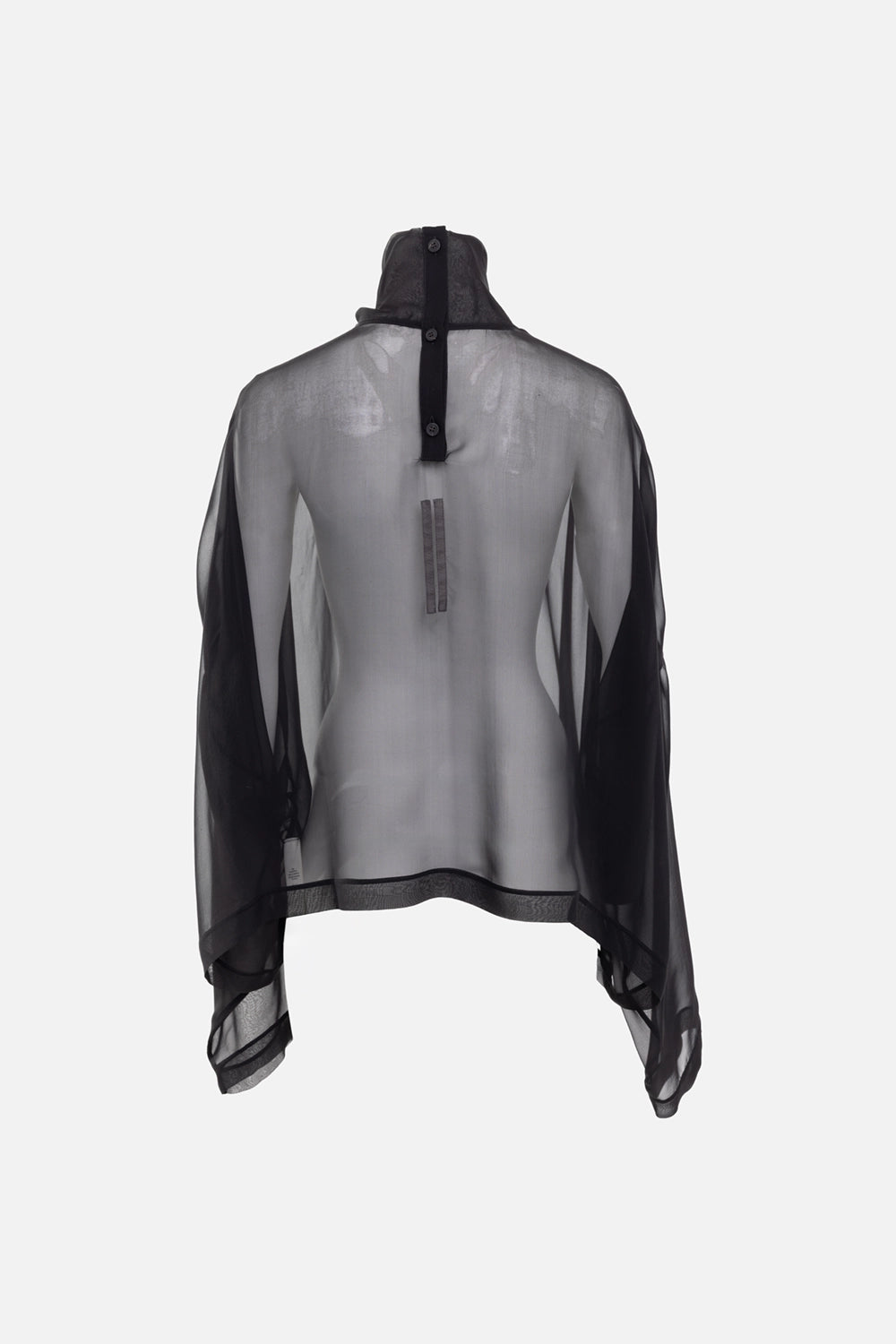 Rick Owens women’s cropped top in black, back view, high collar with button placket and sheer finish