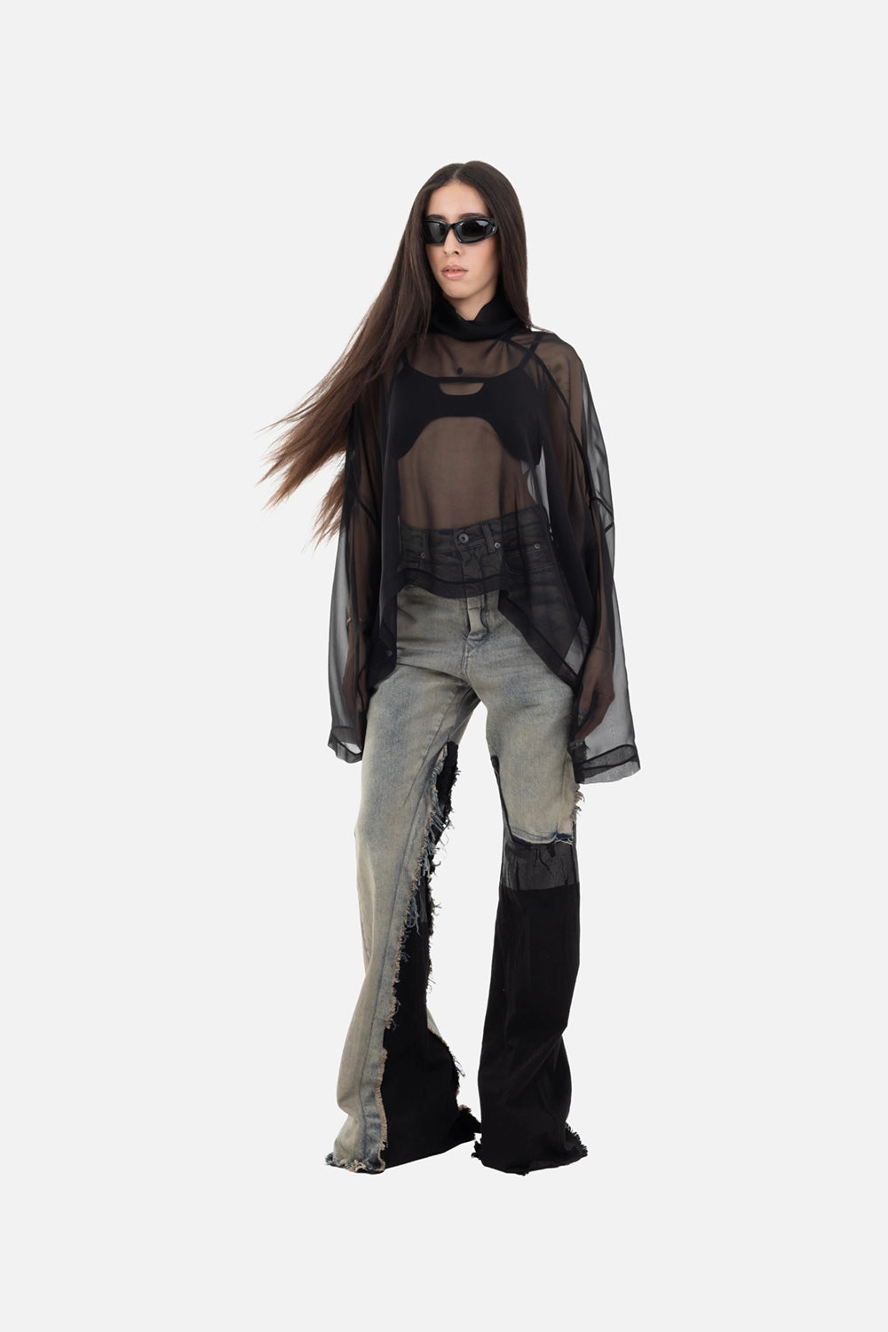 Rick Owens women’s cropped top in black, on-model full-length, sheer drape with curved high-low hem