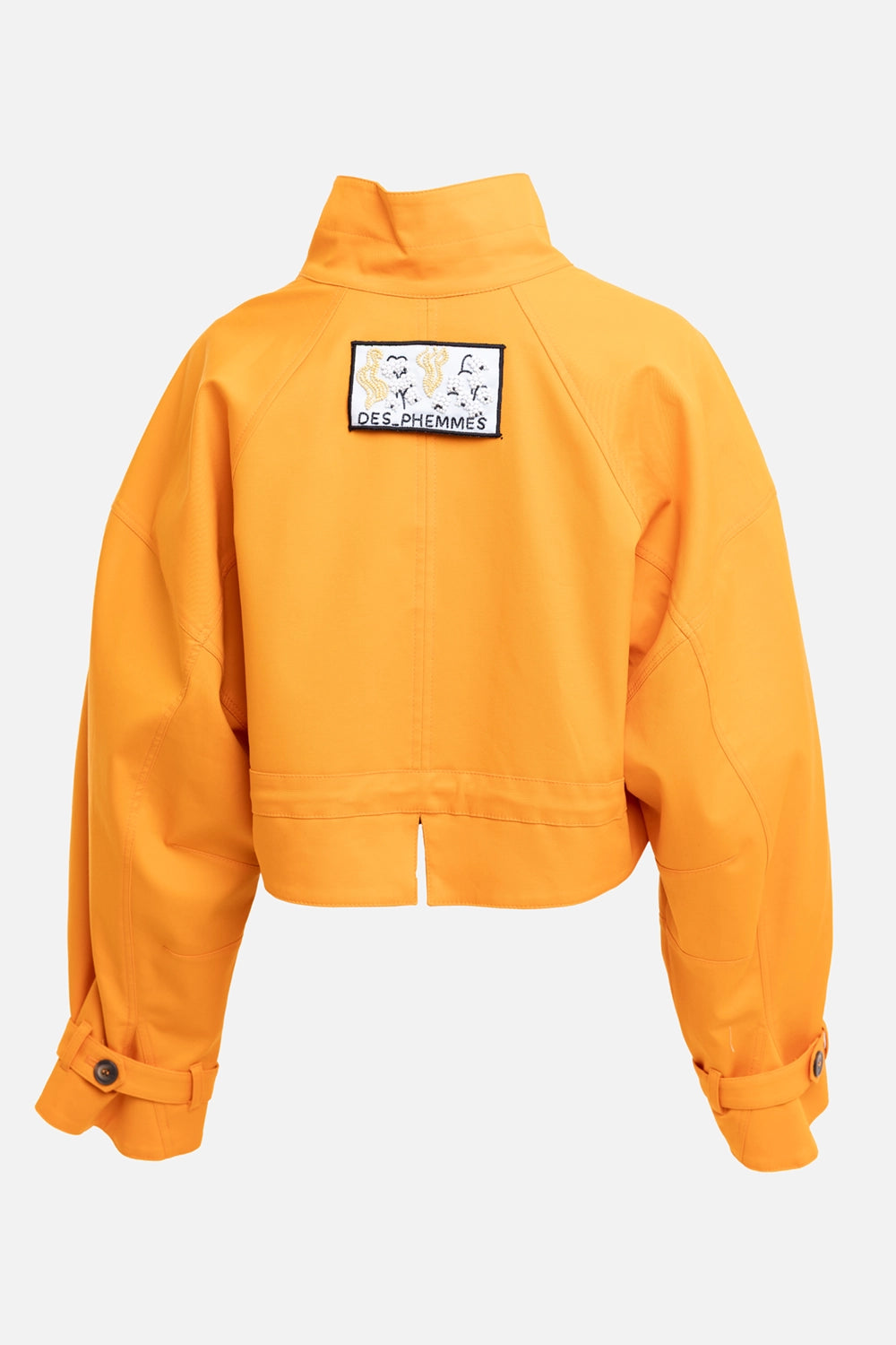 DES PHEMMES women's cropped trenchcoat in tangerine, back view, embroidered logo patch and split hem