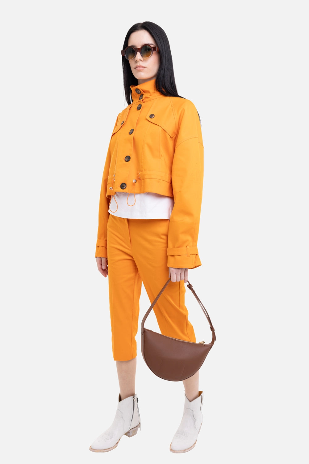 DES PHEMMES women's cropped trenchcoat in tangerine, on-model full length, high collar and button front