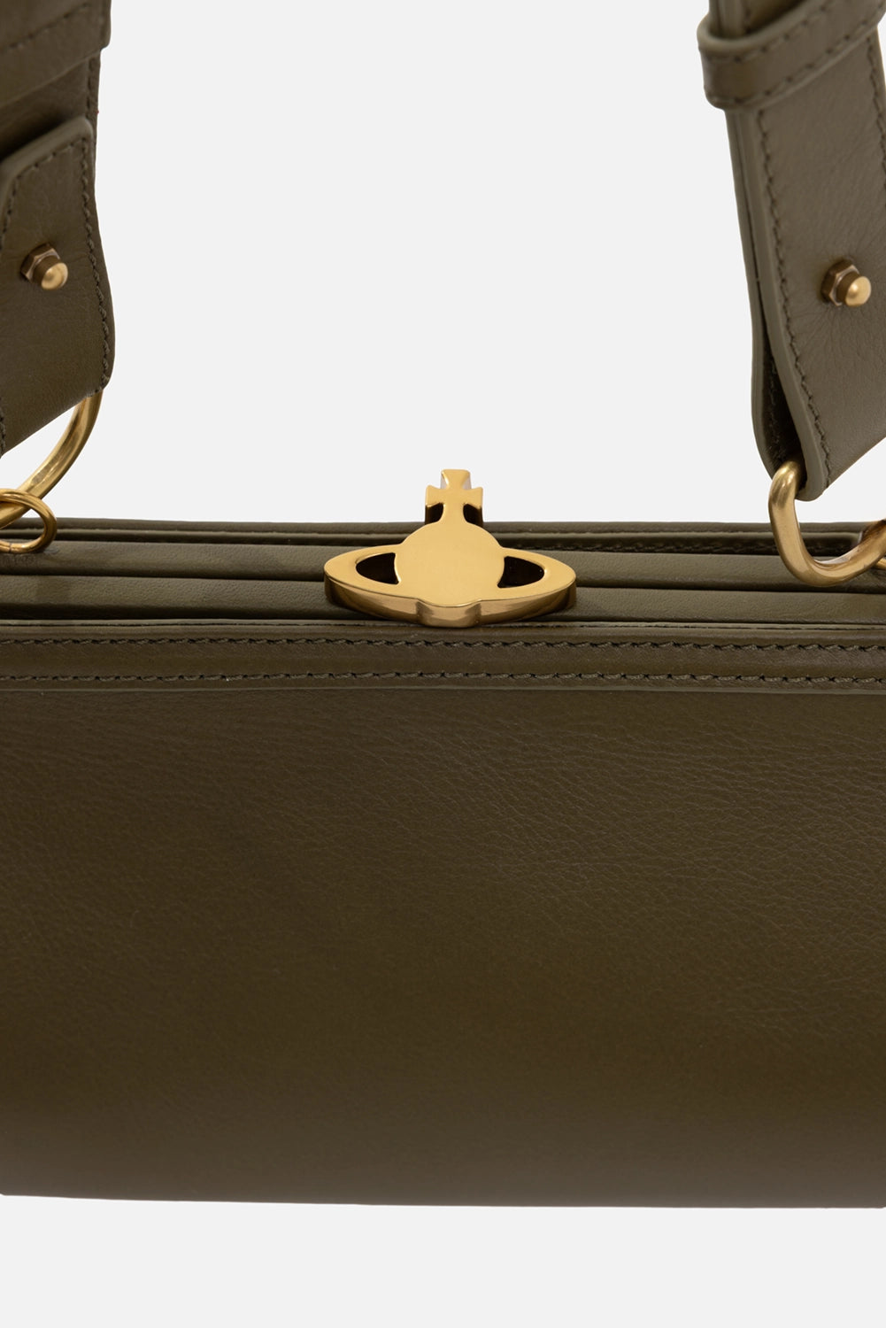 Vivienne Westwood women's cross frame bag in khaki, hardware close-up, gold Orb clasp on leather top