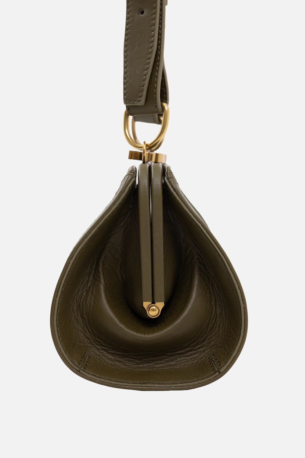 Vivienne Westwood women's cross frame bag in khaki, side view, rounded gusset and gold clip strap hardware