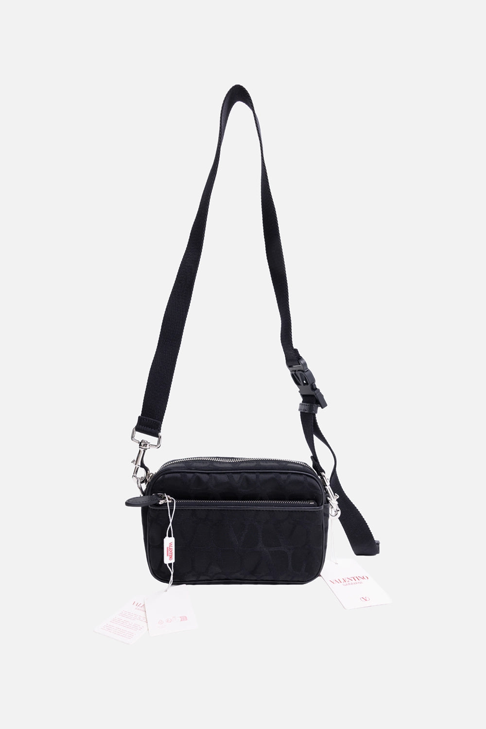 Pre-owned Valentino Garavani men’s crossbody bag in black, full view, Iconographe jacquard with detachable strap